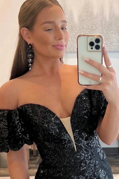Sparkly Black Sequin Off the Shoulder Long Prom Dress MD110603