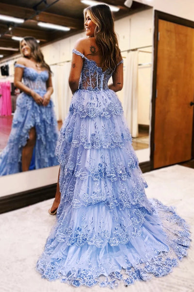 Periwinkle Tulle Appliques Off-the-Shoulder Ruffle Long Prom Dress MD122502