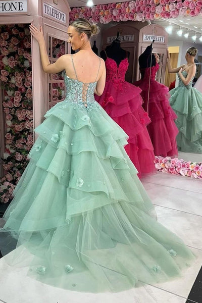Green Sweetheart Ruffle Tiered Long Prom Dresses with Appliques MD4011701