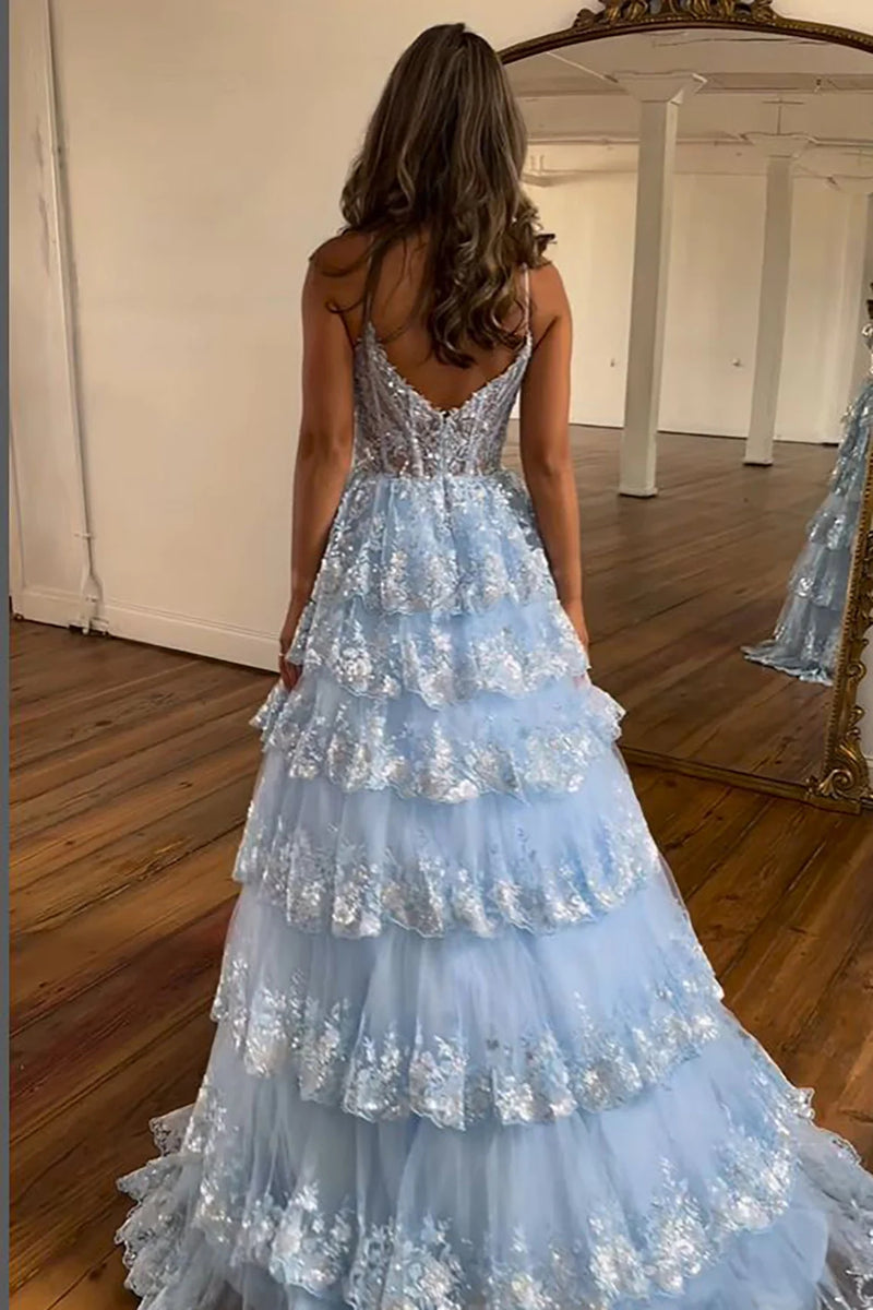 Sparkly Light Blue Spaghetti Straps Tiered Lace Long Corset Prom Dress