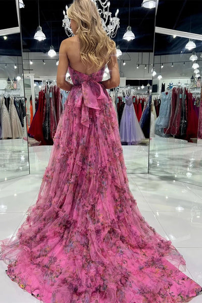 Bright Pink Print Strapless A-Line Long Dress with Slit MD110905