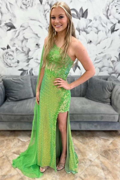 Green Sequin Lace One-Shoulder Long Formal Dress with Attached Train MD110101