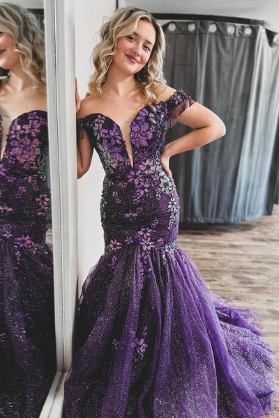 Grape Off the Shoulder Sequin Lace Mermaid Long Prom Dress MD121406