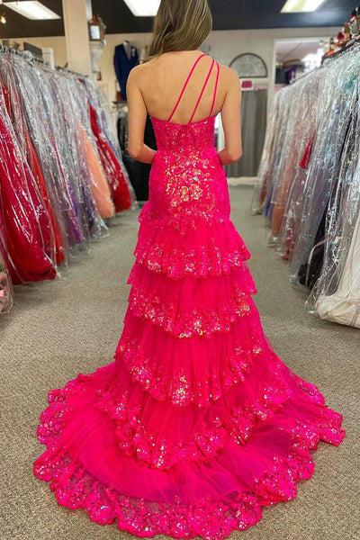 Pink One Shoulder Sequin Lace A-line Long Prom Dress MD121404