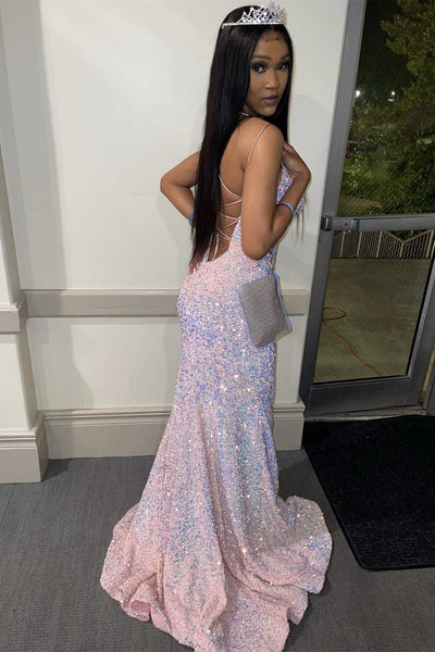 Pink Iridescent Sequin Lace-Up Mermaid Long Prom Dress MD121205