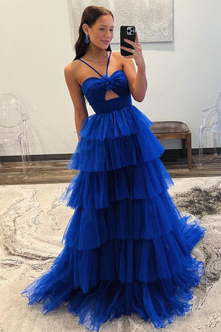 A-Line Keyhole Royal Blue Ruffle Tiered Tulle Long Prom Dresses MD4022202