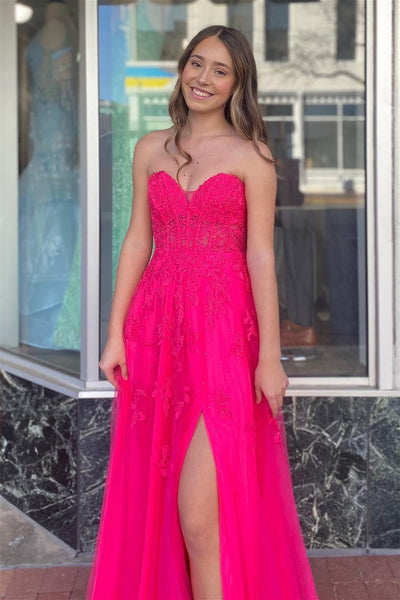 Hot Pink Strapless Floral Appliques A-line Long Prom Dress with Slit MD121301