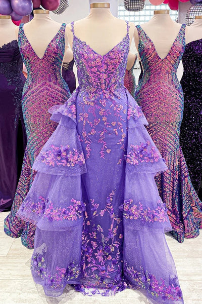 Blue Sequin Lace V-Neck Prom Dress with Attached Train MD112409