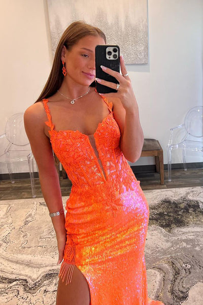 Orange Mermaid V Neck Sequin Lace Long Prom Dresses with Slit DM091304