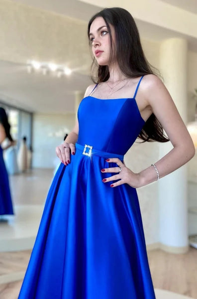 Royal Blue Satin A-Line Spaghetti Straps Formal Prom Dress MD100405