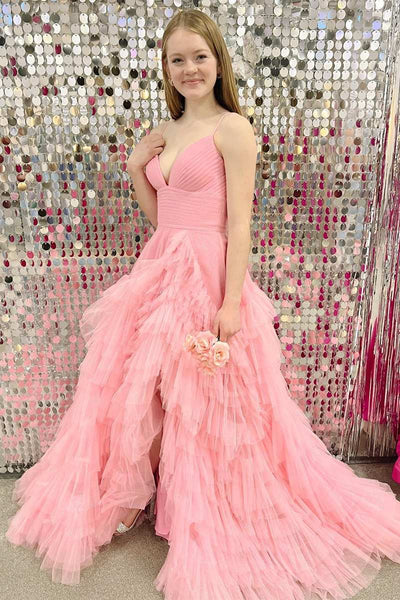 Pink Tulle High-Waist Tiered Long Prom Dress with Ruffles MD093010