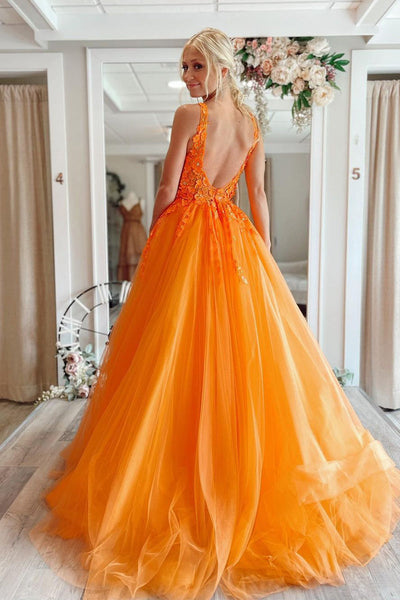 A-Line V Neck Pink Tulle Long Prom Dresses with Appliques MD103103