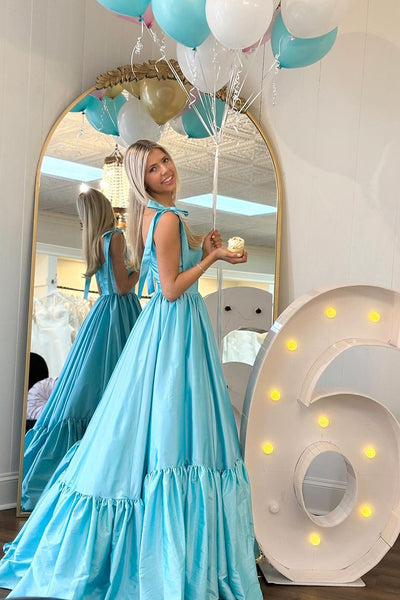 Light Blue Sweetheart Ruffle Satin Long Prom Dress MD4020804