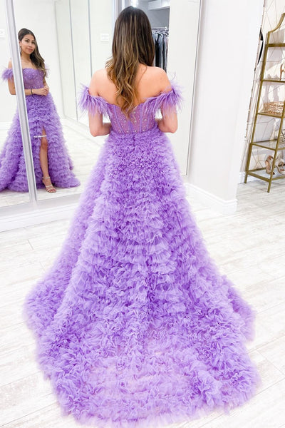 Lilac Off the Shoulder Ruffle Tiered Tulle Prom Dress with Beading MD4051104