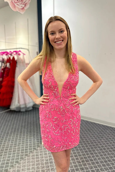 Sparkly Fuchsia Fringed Open Back Tight Short Homecoming Dress MD091807
