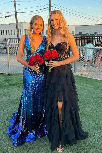 Cute A Line Sweetheart Black Chiffon Tiered Long Prom Dresses with Slit MD24100509