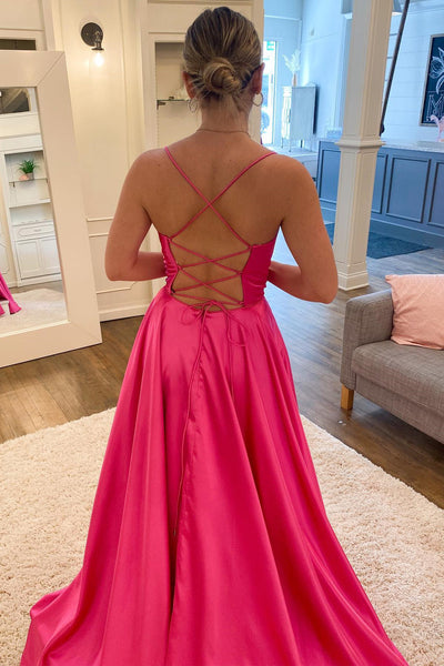 Hot Pink Satin Cowl Neck A-Line Long Prom Dress MD092704
