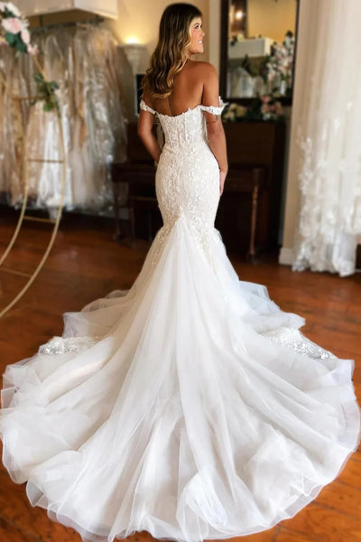 Mermaid White Lace Sweep Train Long Wedding Dress MD111503