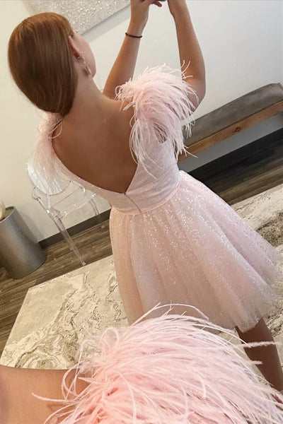 Pink Sequin-Embroidery V-Neck A-Line Homecoming Dress with Feathers LD3070702