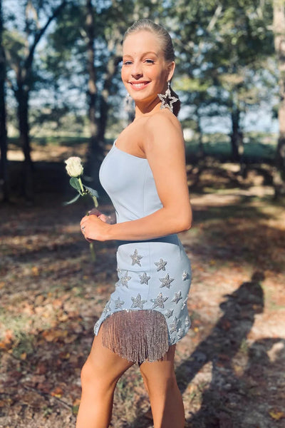 Sparkly Light Blue One Shoulder Stars Tight Short Homecoming Dress with Fringes MD091907
