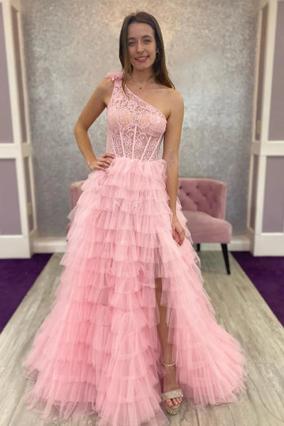 Black One Shoulder Corset Tiered Long Prom Dress with Ruffles MD092804