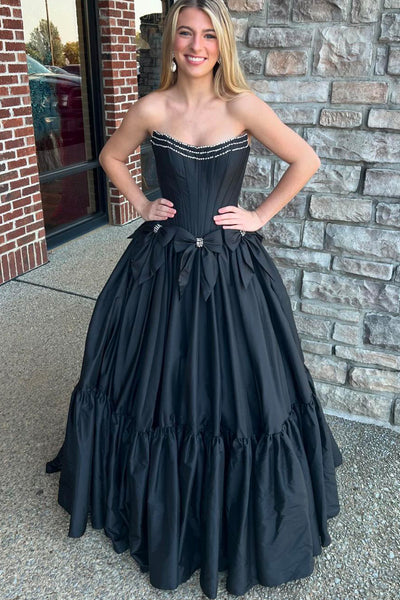 Cute Ball Gown Scoop Neck Black Satin Long Prom Dresses with Beading DM24101513