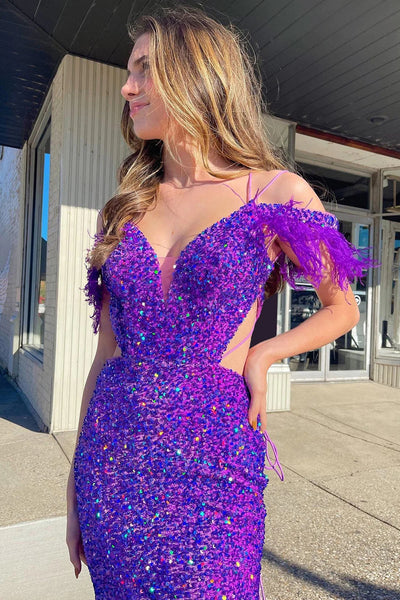 Mermaid Off the Shoulder Purple Sequins Cut Out Prom Dress with Feathers MD092306