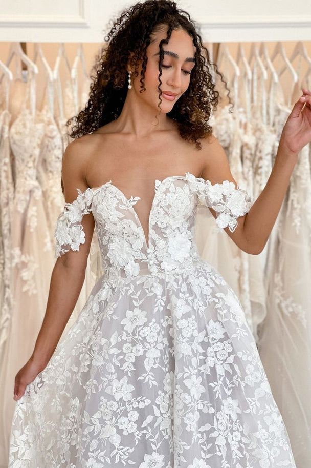 Cute A Line Sweetheart Off the Shoulder Lace Wedding Dresses LDWD3061912 Dressmeet Cute A Line Sweetheart Off the Shoulder Lace Wedding Dresses LDWD3061912 Dressmeet