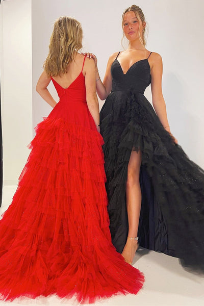 Pink Tulle High-Waist Tiered Long Prom Dress with Ruffles MD093010