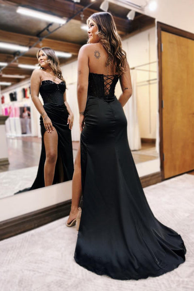 Mermaid Sweetheart Black Satin Long Prom Dresses with Beaded MD4010505