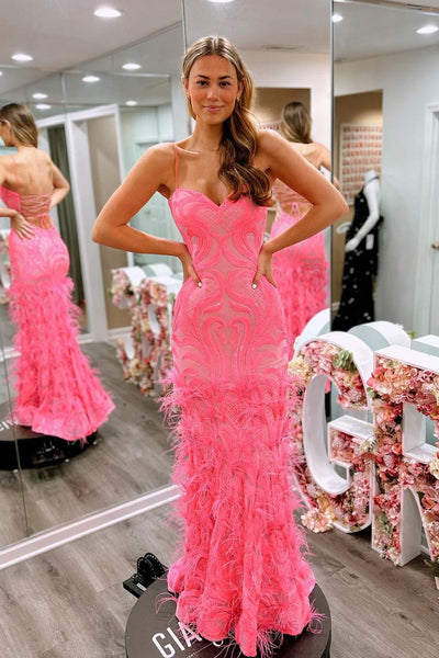 Pink Sweetheart Sequins Lace Long Prom Dresses with Feather MD4020204