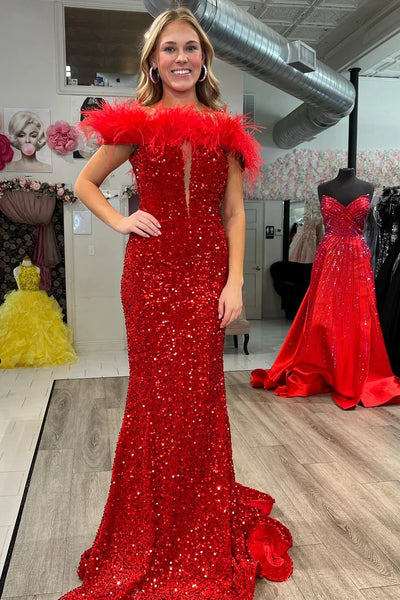 Off-the-Shoulder Pink Sequin Feathers Keyhole Long Dress MD102906