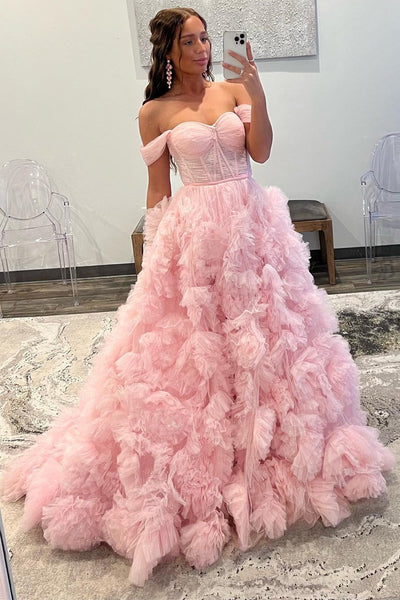 Lavender Tulle Off-the-Shoulder Long Prom Dress with Ruffles MD092402