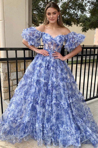 Navy Blue Print Puff Sleeve Ruffle A-Line Long Prom Dress MD122309