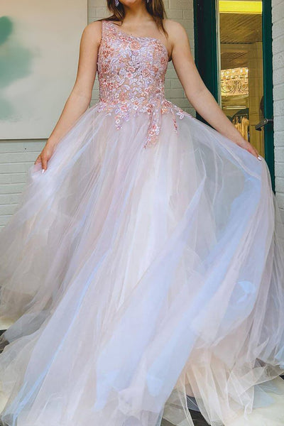Gorgeous A Line One Shoulder Grey Pink Long Prom Dress with Appliques MD112310