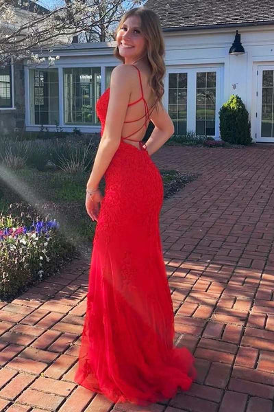 Red Applique V-Neck Lace-Up Mermaid Long Prom Dress with Slit MD110104