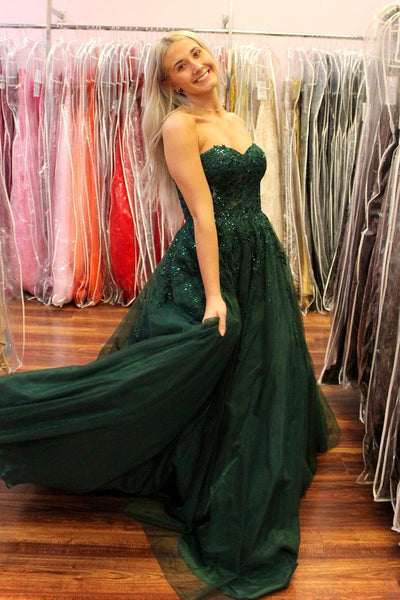 Dark Green Sweetheart Tulle LongProm Dresses with Appliques MD4010802