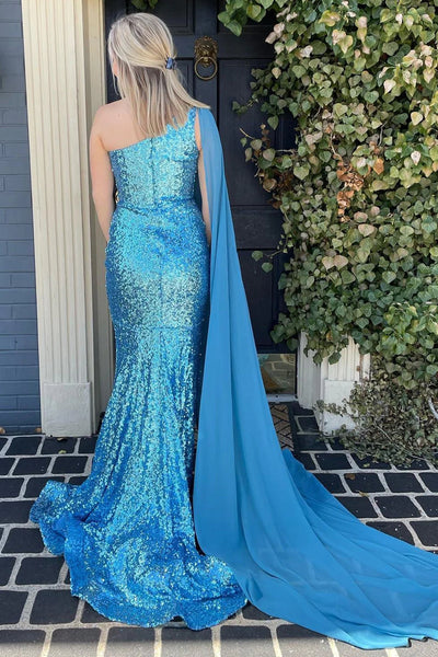 Mermaid One Shoulder Blue Sequins Long Prom Dress with Split Front MD092908