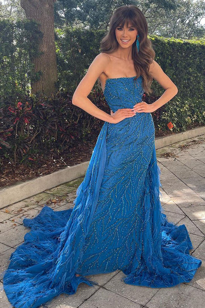 Blue Strapless Sequin Lace Mermaid Feathered Long Prom Dress MD120601