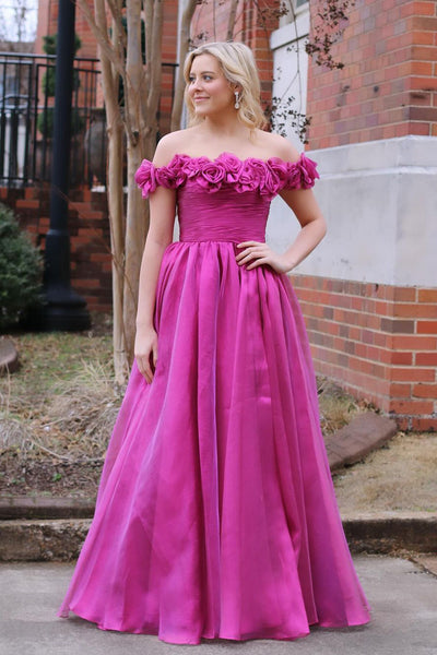 Fuchsia Off the Shoulder Tulle Long Prom Dresses MD4010806