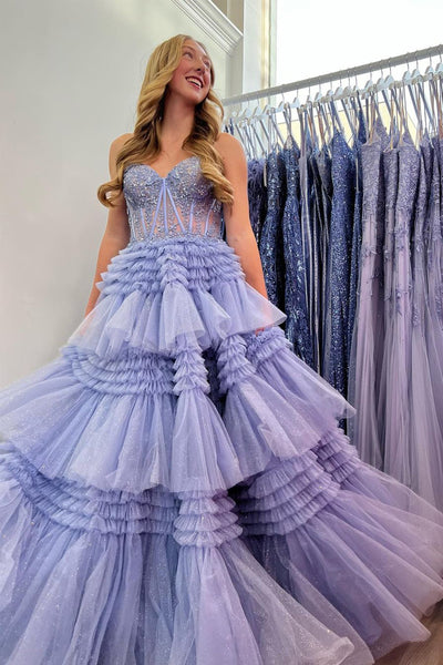 A-Line Strapless Lilac Ruffle Tiered Tulle Long Prom Dress with Appliques MD4051502