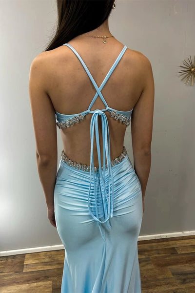 Light Blue V-Neck Cutout Rhinestone Mermaid Long Formal Dress MD120801