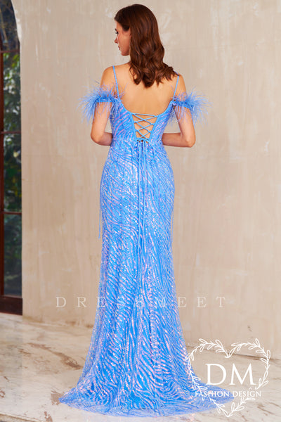 Blue Cold Shoulder Sequins Lace Long Prom Dress with Fringe MD122002
