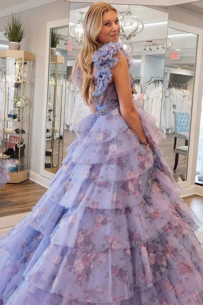 Periwinkle Print Flutter Sleeve Ruffle Tiered Long Prom Dress MD122905
