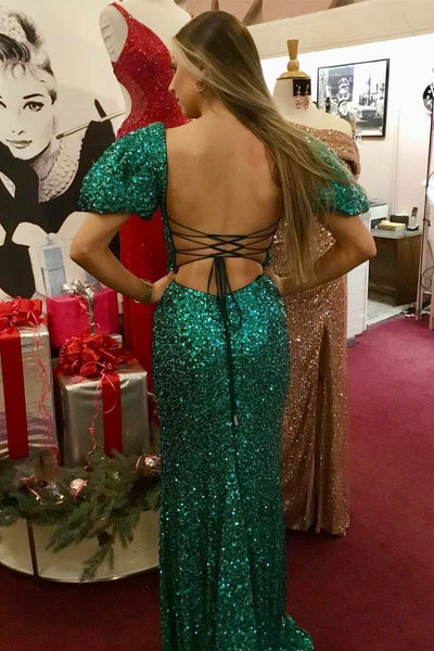 Green Sequin Square Neck Puff Sleeve Backless Mermaid Long Prom Dress MD121206