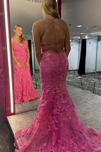 Pink Halter Lace Appliques Mermaid Long Prom Dresses MD120102