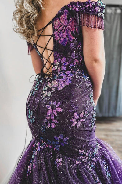Grape Off the Shoulder Sequin Lace Mermaid Long Prom Dress MD121406