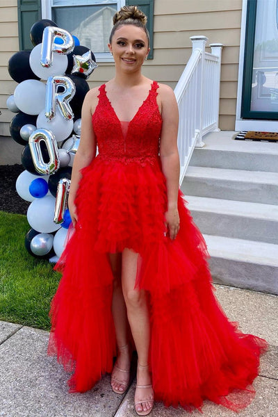 High-Low Tulle Plunge V Tiered Formal Gown with Ruffles MD103005