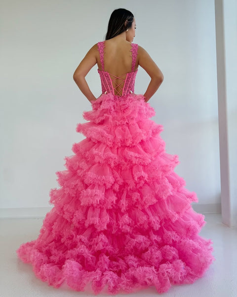 A-Line Sweetheart Hot Pink Ruffle Tiered Tulle Corset Prom Dresses Evening Gown with Side Slit DM25101603