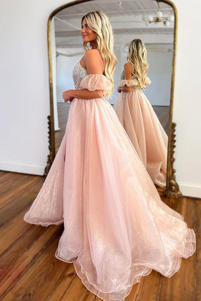 A-Line Strapless Blush Organza Long Prom Dresses with Beading MD103102